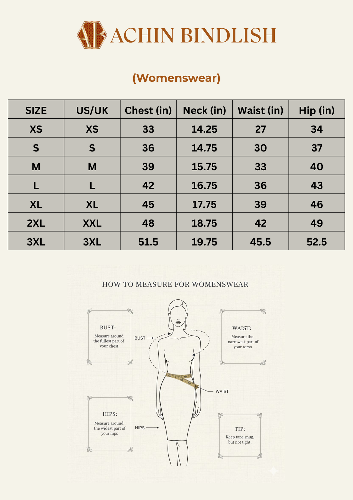 Size chart for Women