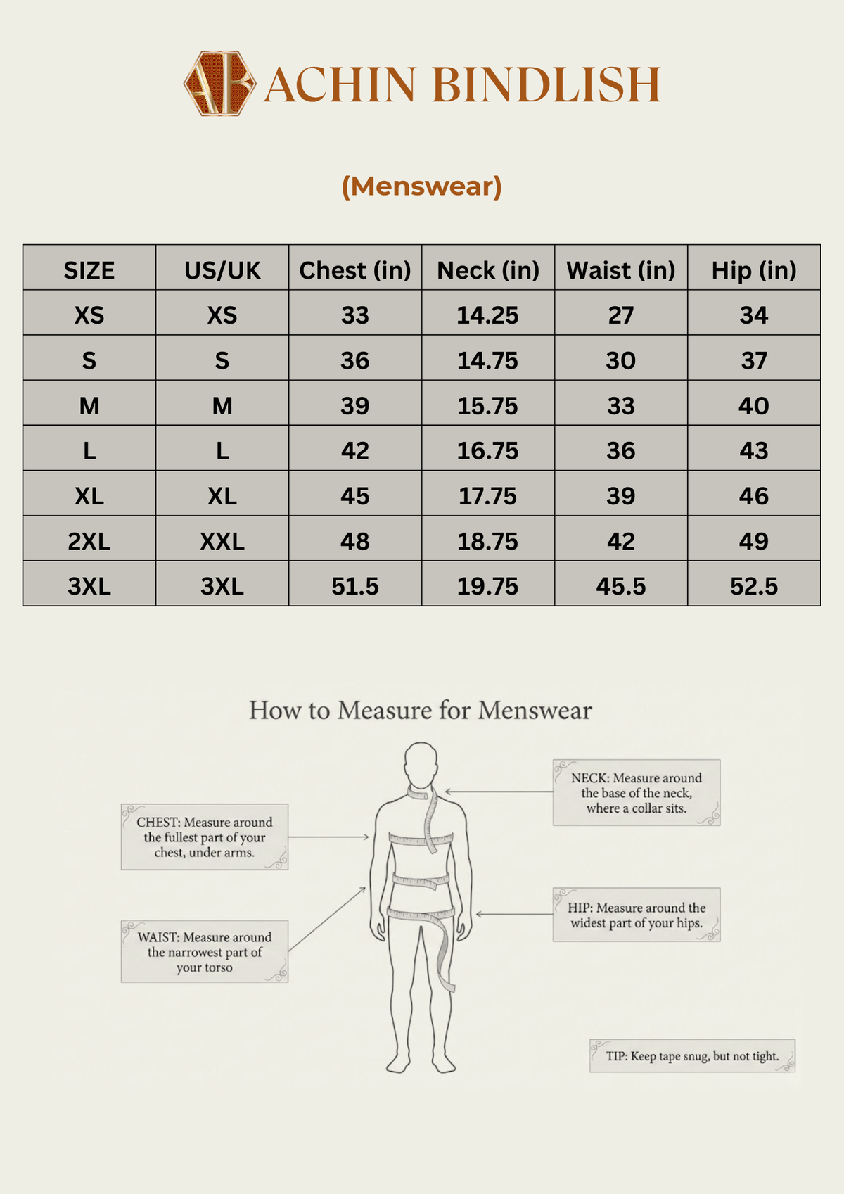 Size chart for Men